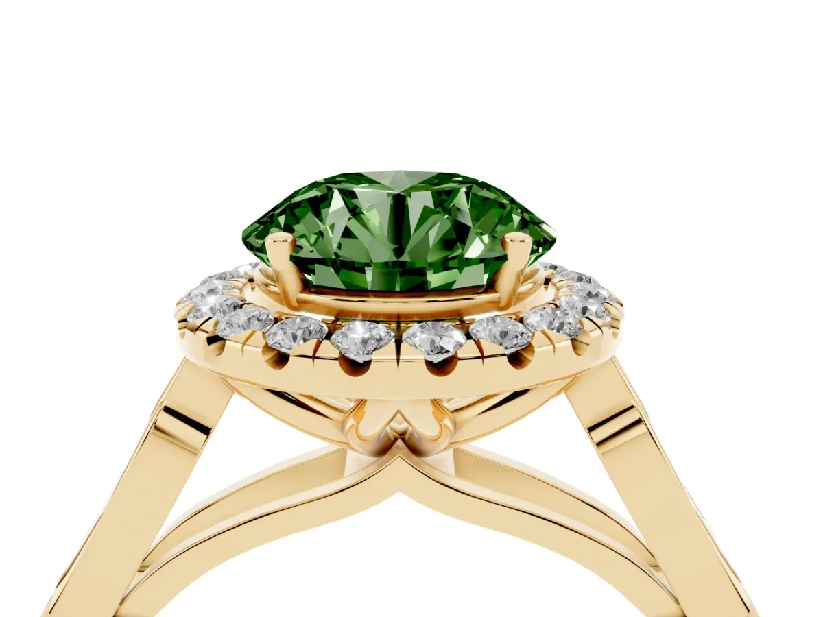 Fancy Green Round Cut Halo Diamond Engagement Ring with Filigree Band and Four-Prong Setting Yellow gold