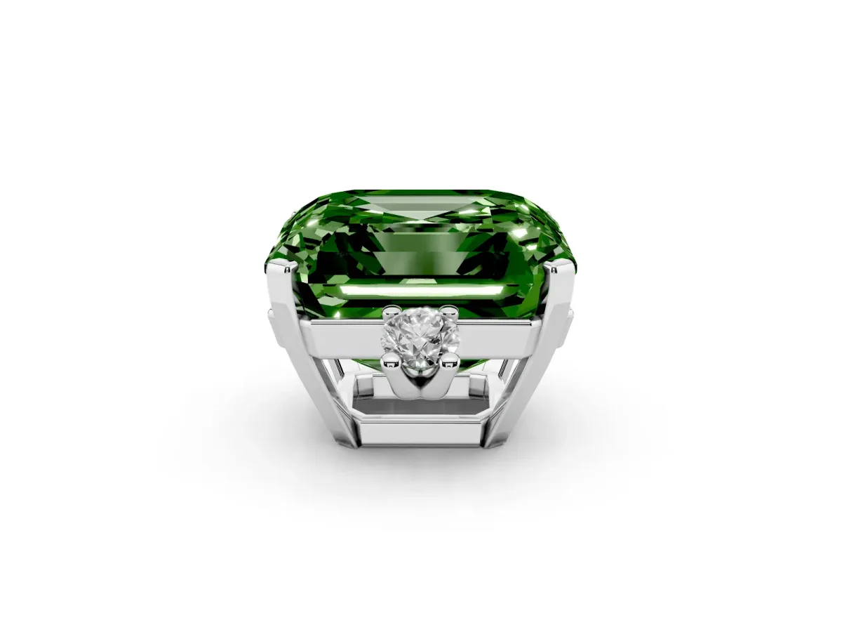 Fancy Green Asscher Cut Cut Three-Stone Solitaire Ring with Round Accent Diamonds and Four-Prong Setting Silver