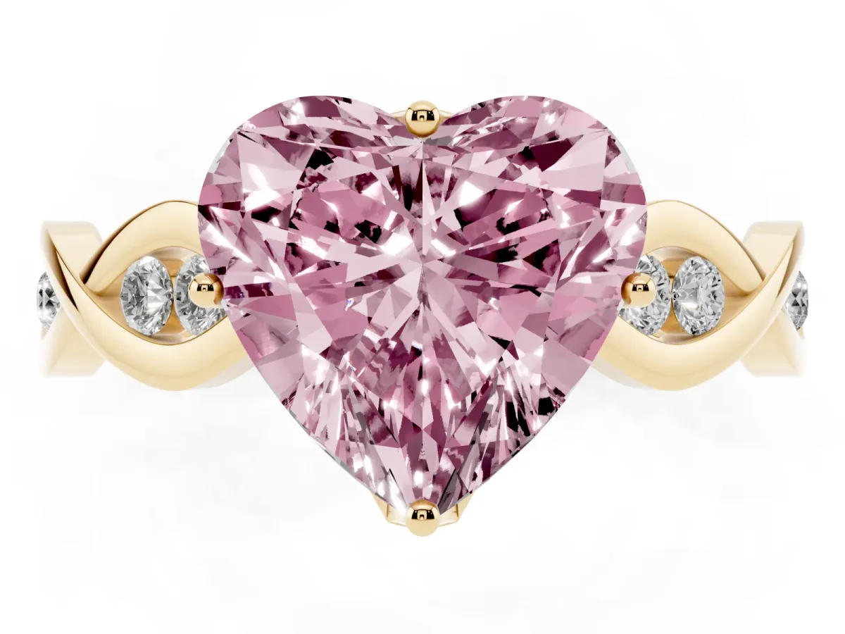 Fancy Pink Heart Cut Solitaire Twist Band with Leaf Prong Setting Yellow gold