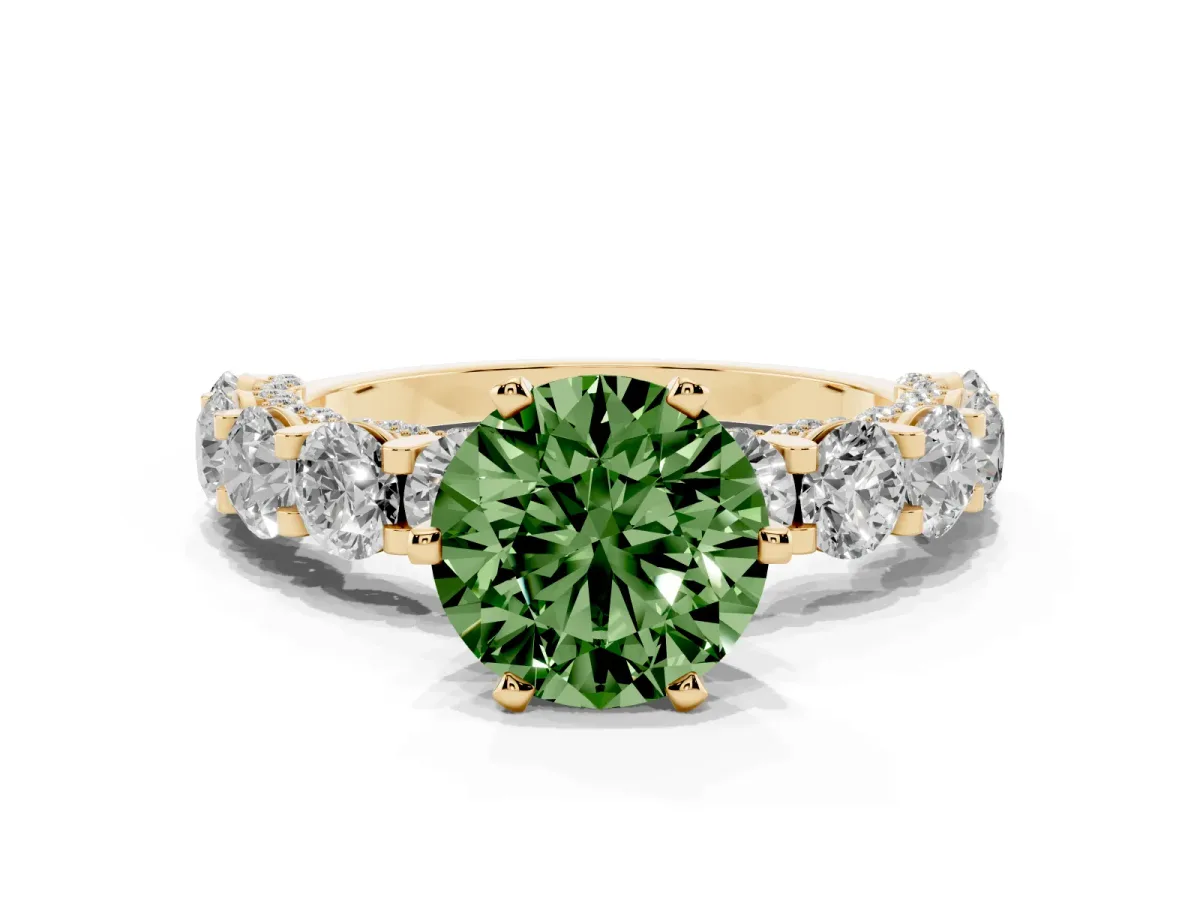 Fancy Green Round Cut Diamond Side Stone Engagement Ring with Four-Prong Setting Yellow gold