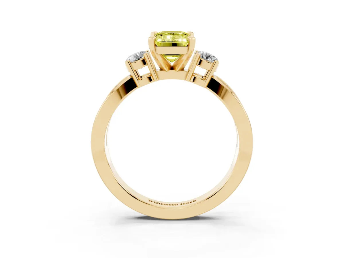 Fancy Yellow Three-Stone Emerald Cut Cut Diamond Twist Band with Prong Setting Yellow gold
