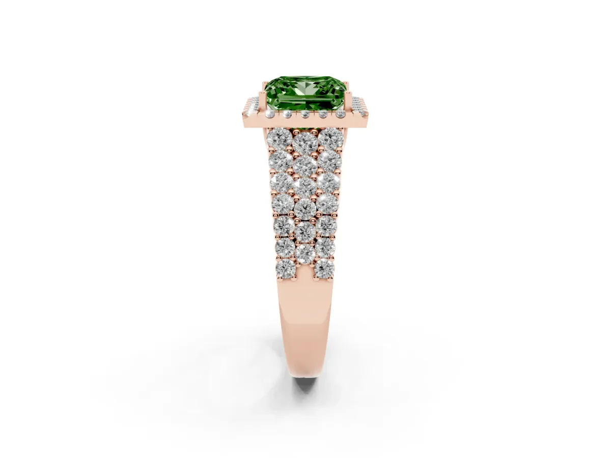 Fancy Green Princess Cut Diamond Halo Engagement Ring with Triple Row Round Pavé Band and Prong Setting Rose gold