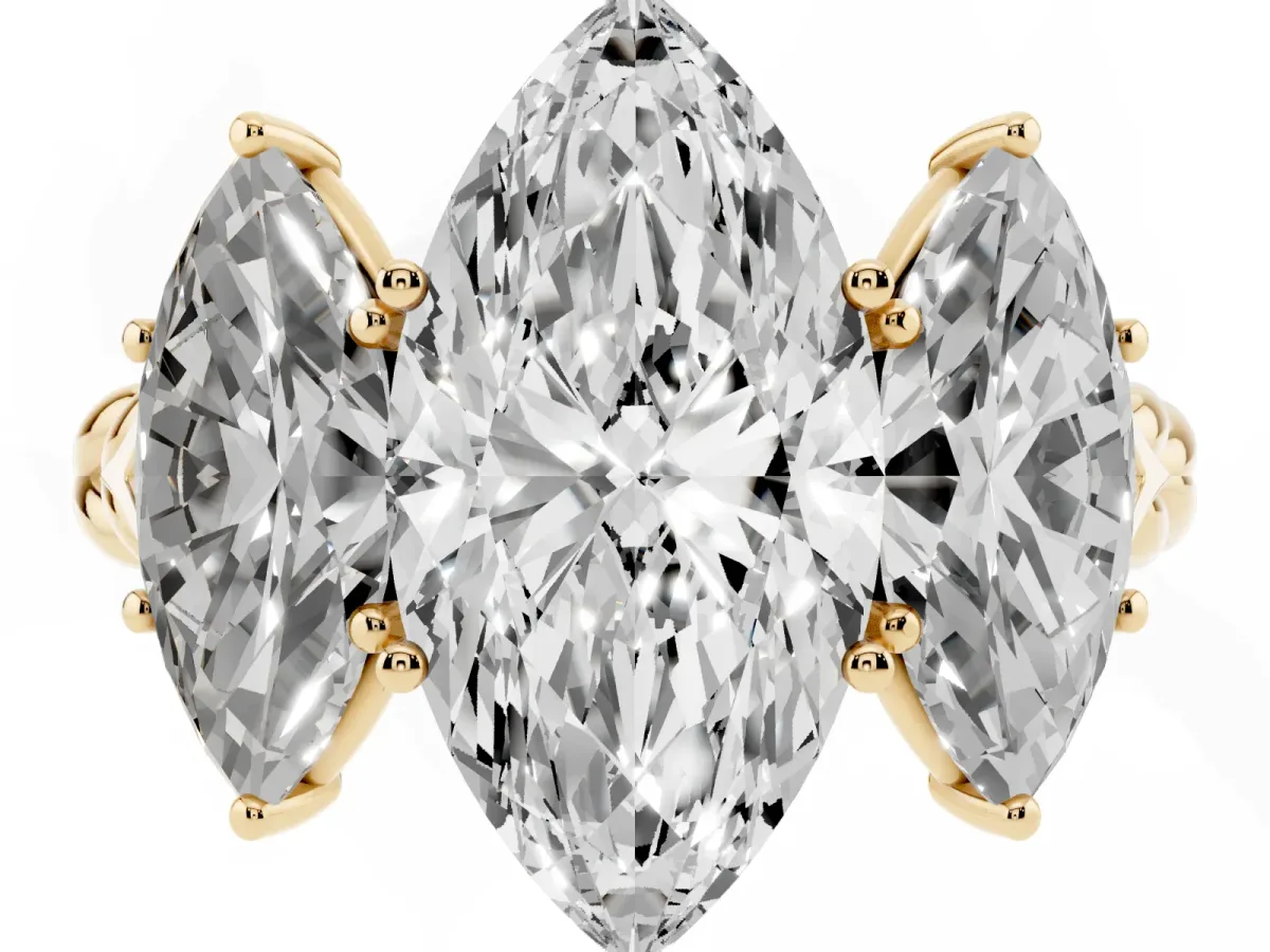 Three-Stone Marquise Cut Diamond Braided Band Ring with Four-Prong Setting Yellow gold