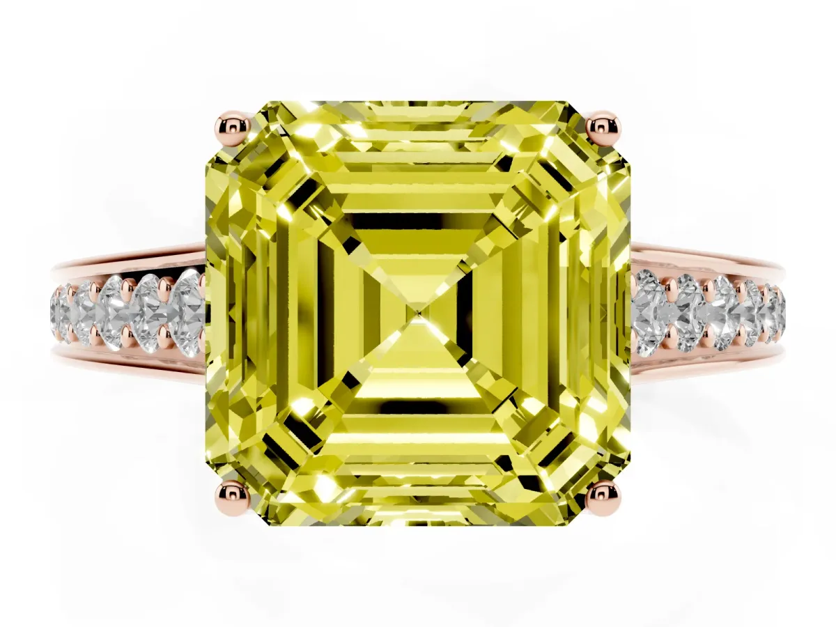 Fancy Yellow Asscher Cut Brilliant Cut Diamond Engagement Ring with Pavé Band and Four-Prong Setting Rose gold
