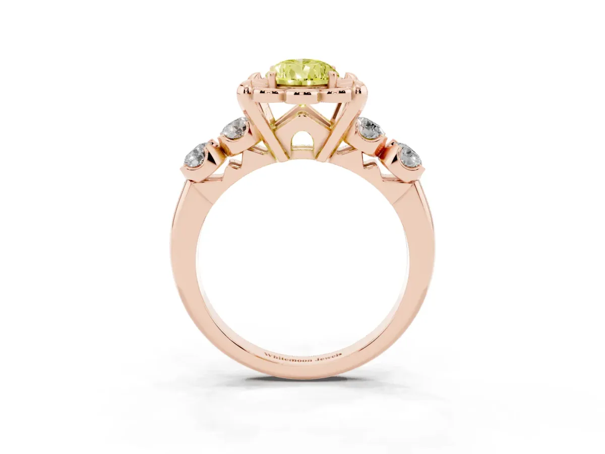 Fancy Yellow Pear Cut Cut Diamond Floral Halo Engagement Ring with Shared Prong Setting Rose gold