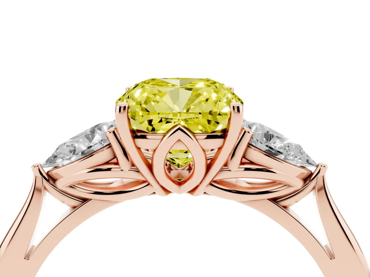 Fancy Yellow Three-Stone Cushion Cut Diamond Ring with Pear Side Stones in Four-Prong Setting Rose gold