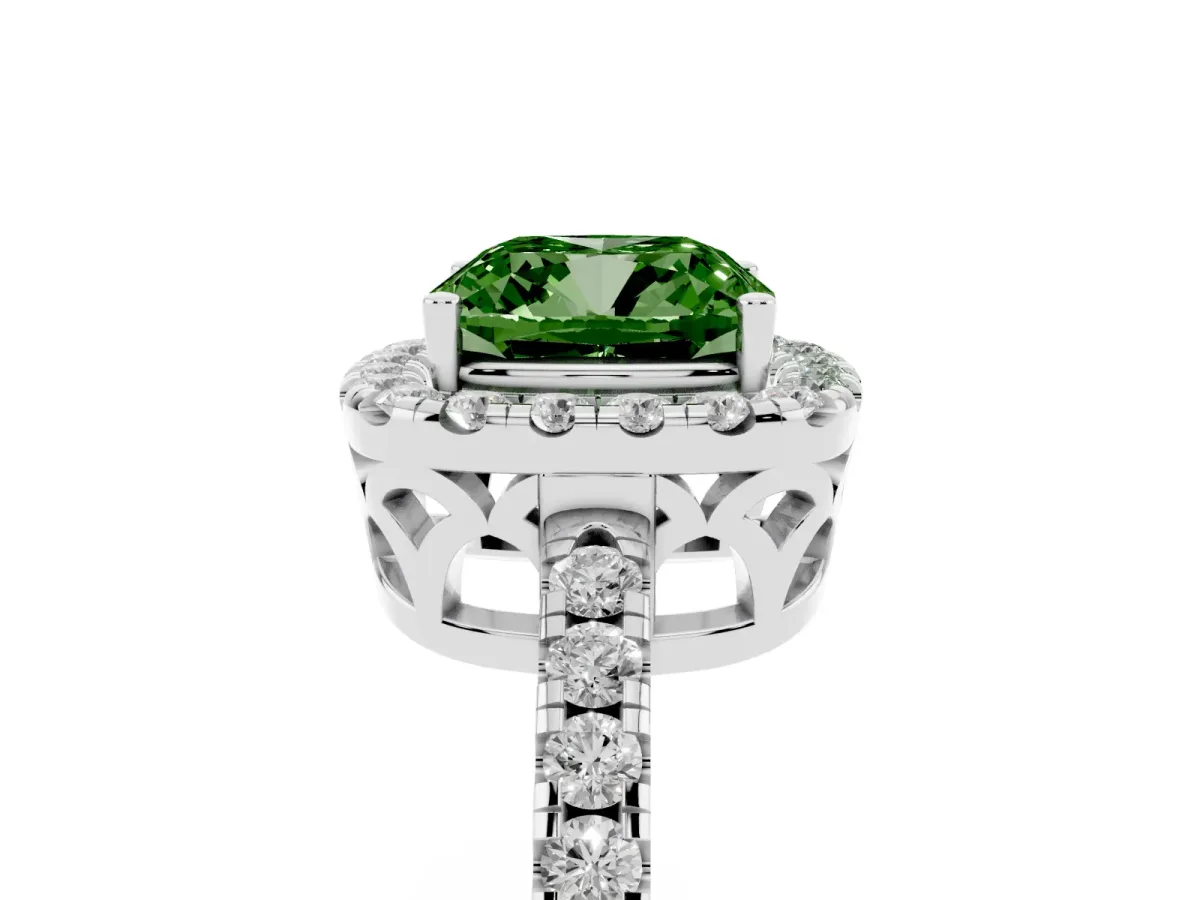 Fancy Green Cushion Cut Halo Diamond Engagement Ring with Pavé Band and Four-Prong Setting Platinum