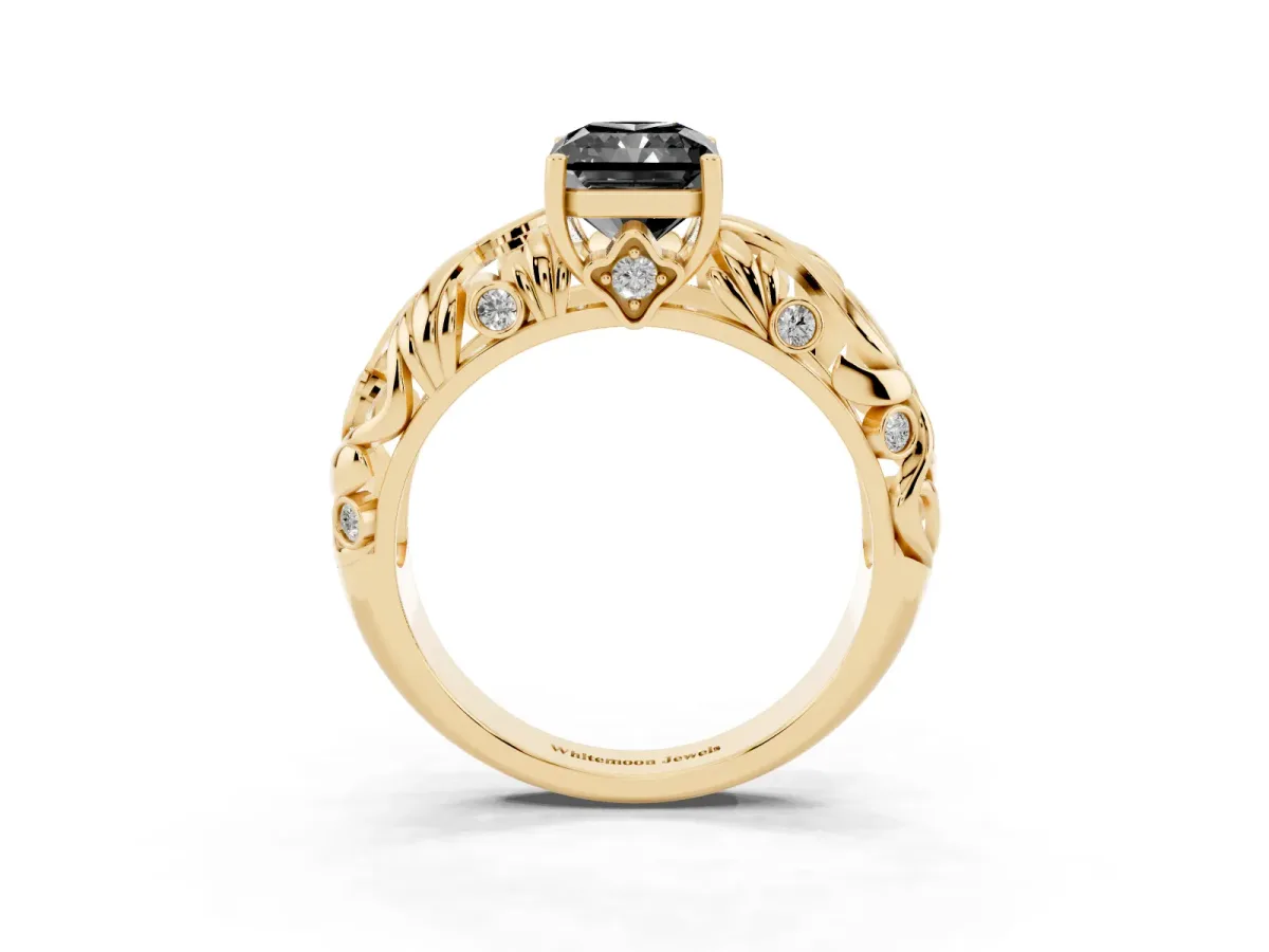 Fancy Black Radiant Cut Solitaire Diamond Leaf-Inspired Vine Band Ring with Prong Setting Yellow gold