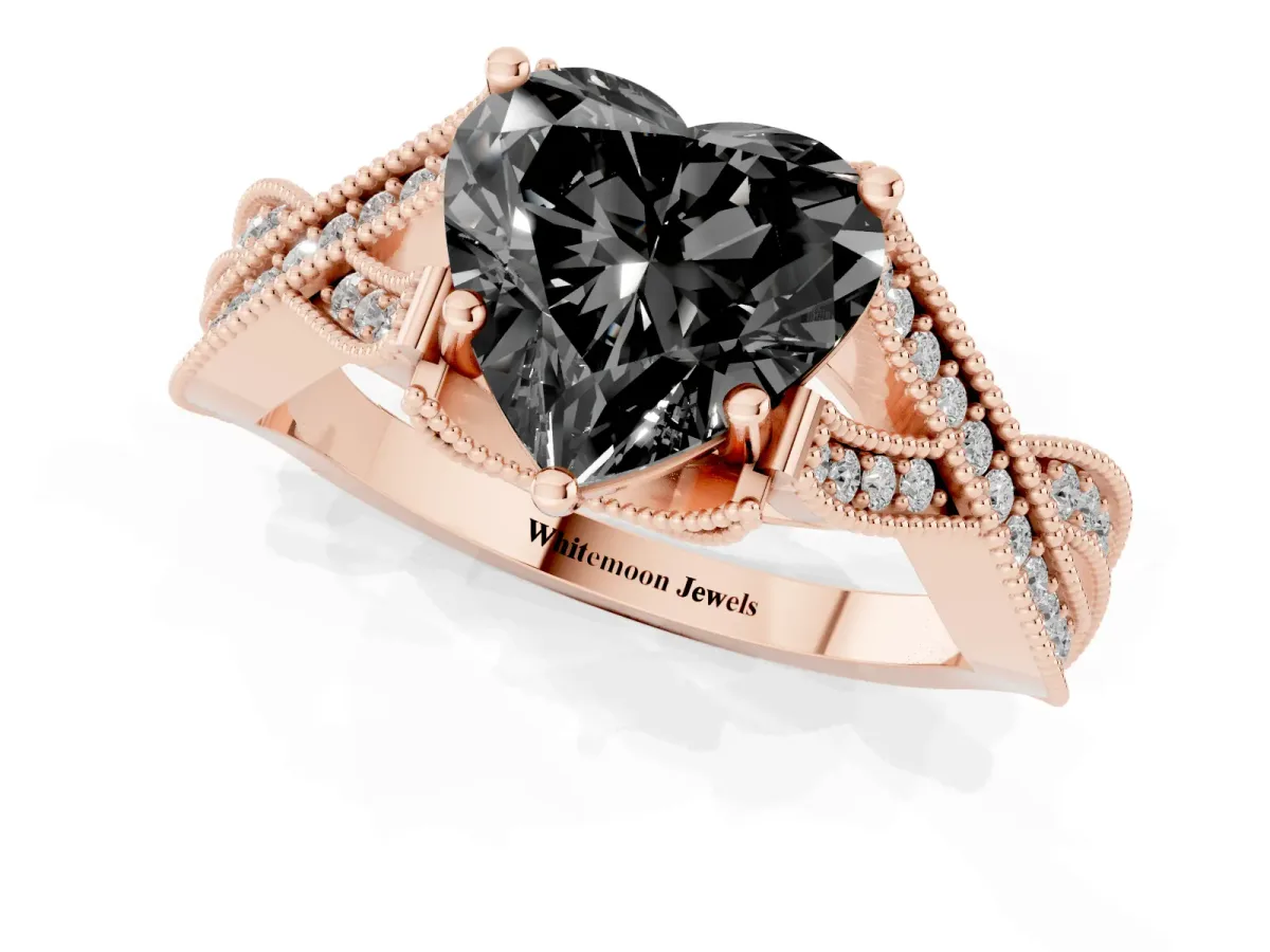 Fancy Black Heart Cut Cut Diamond Twisted Band with Milgrain Pave Setting and Four-Prong Setting Rose gold