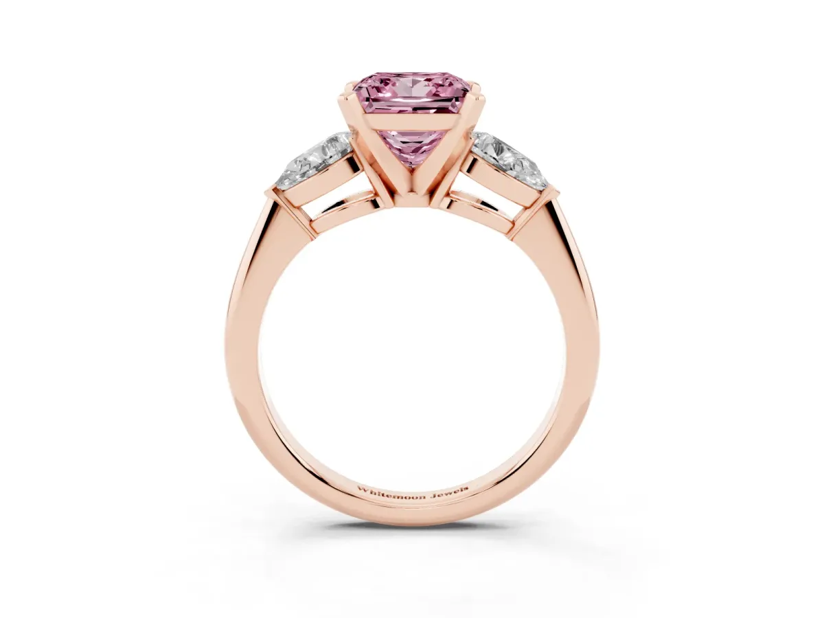 Fancy Pink Three-Stone Princess Cut Diamond Ring with Pear Side Stones and Four-Prong Setting Rose gold