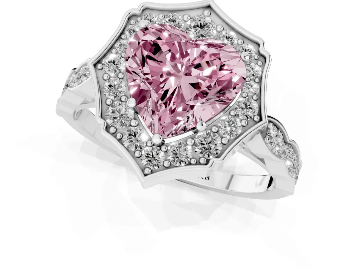 Fancy Pink Heart Cut Halo Diamond Engagement Ring with Milgrain Band and Four-Prong Setting Platinum
