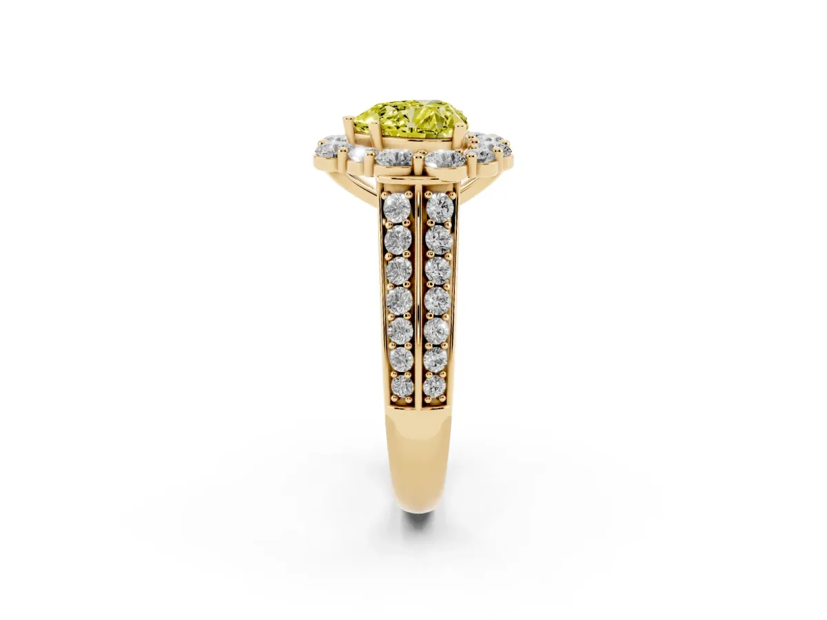 Fancy Yellow Heart Cut Halo Diamond Engagement Ring with Split Shank and Prong Setting Yellow gold
