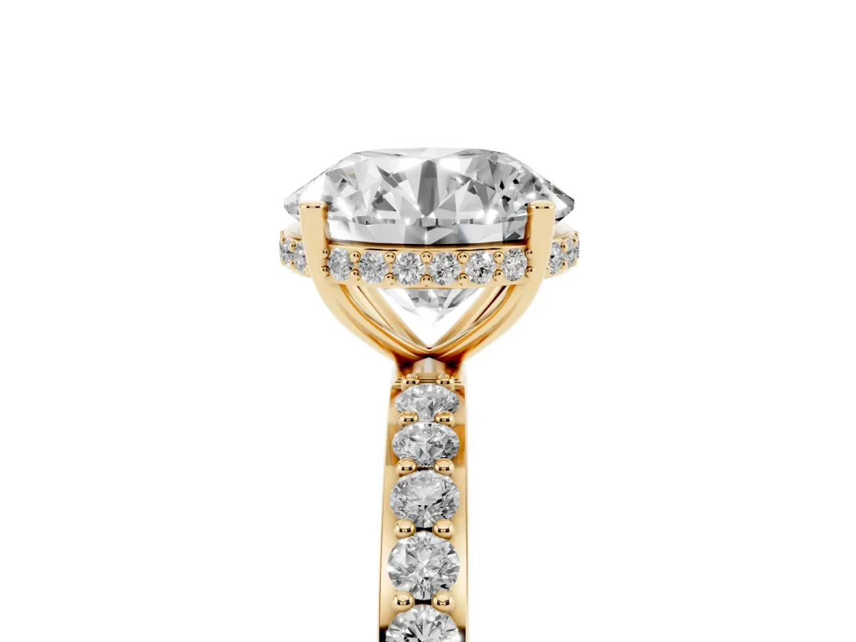 Round Cut Diamond Solitaire Ring with Pavé Band and Hidden Halo Yellow gold