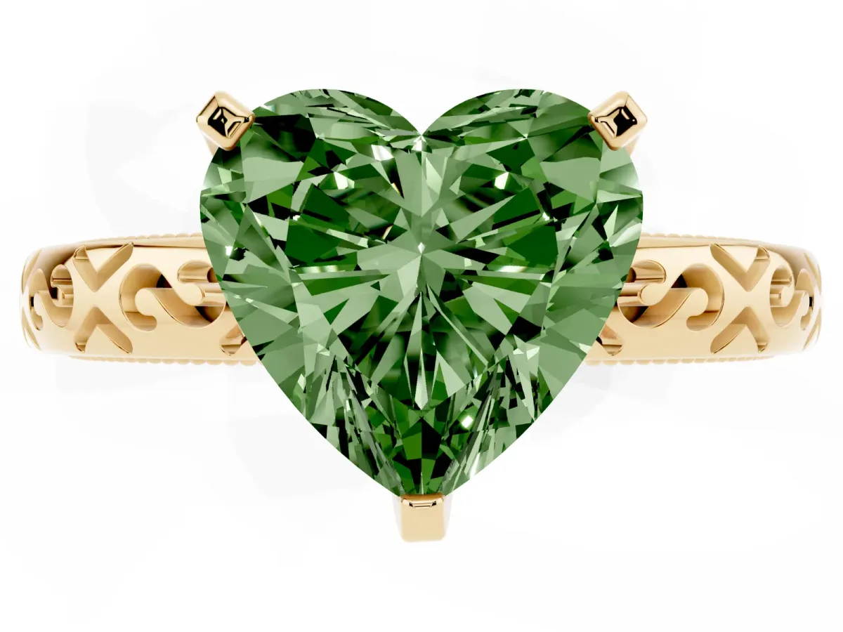 Fancy Green Heart Cut Solitaire Engagement Ring with Scrollwork Band and Four-Prong Setting Yellow gold