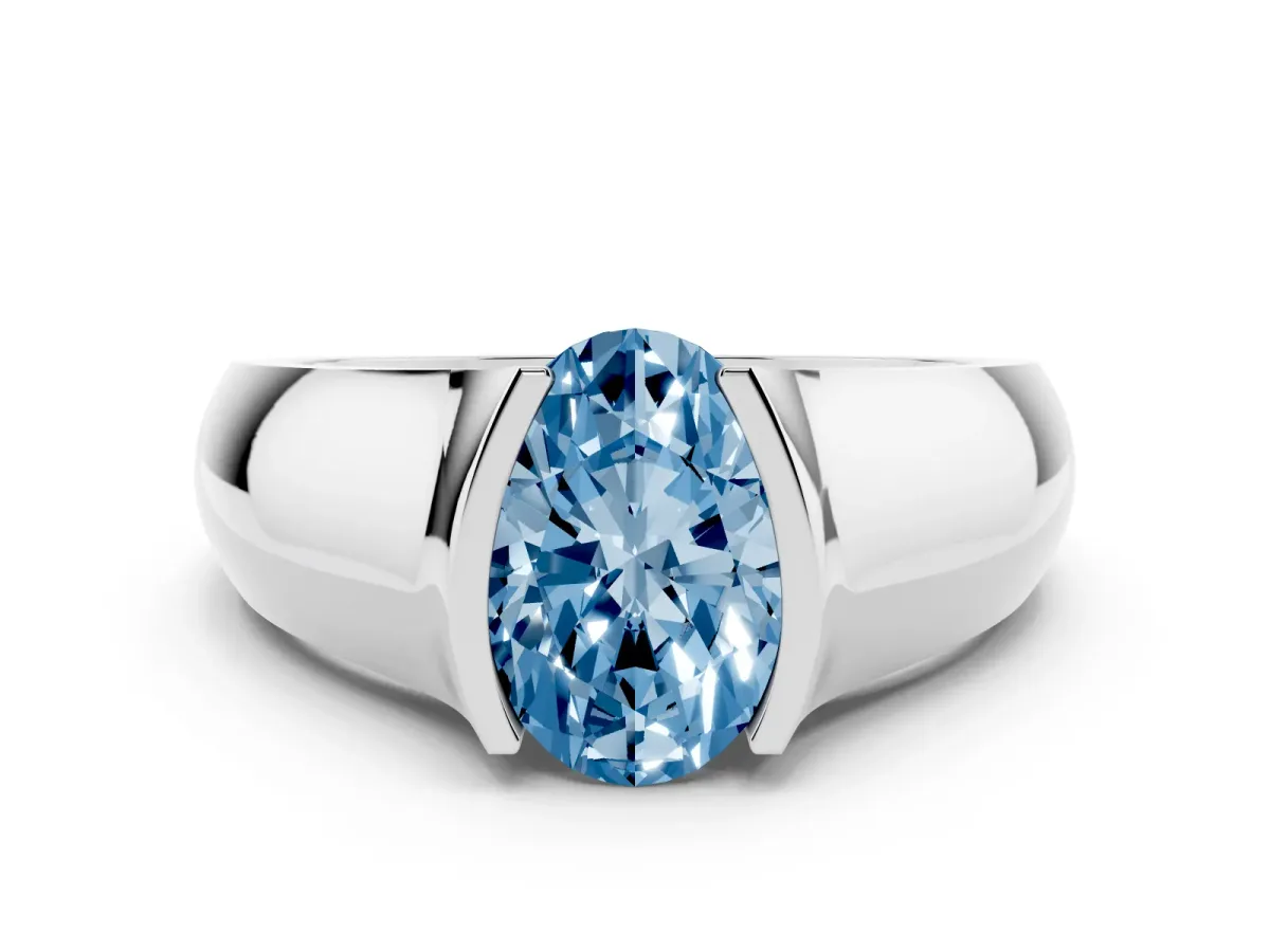 Fancy Blue Oval Cut Solitaire Bezel Set Diamond Ring with Wide Band Silver
