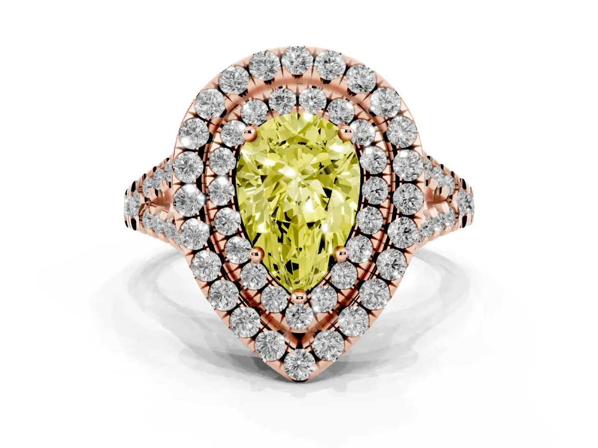 Fancy Yellow Double Halo Pear Cut Diamond Pavé Split Shank Ring with Prong Setting Rose gold