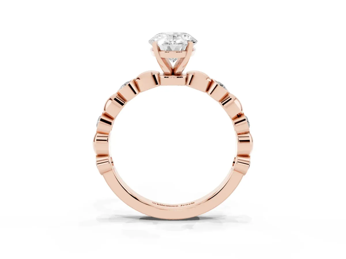 Oval Cut Solitaire Bezel-Set Diamond Ring with Beaded Band and Four-Prong Setting Rose gold
