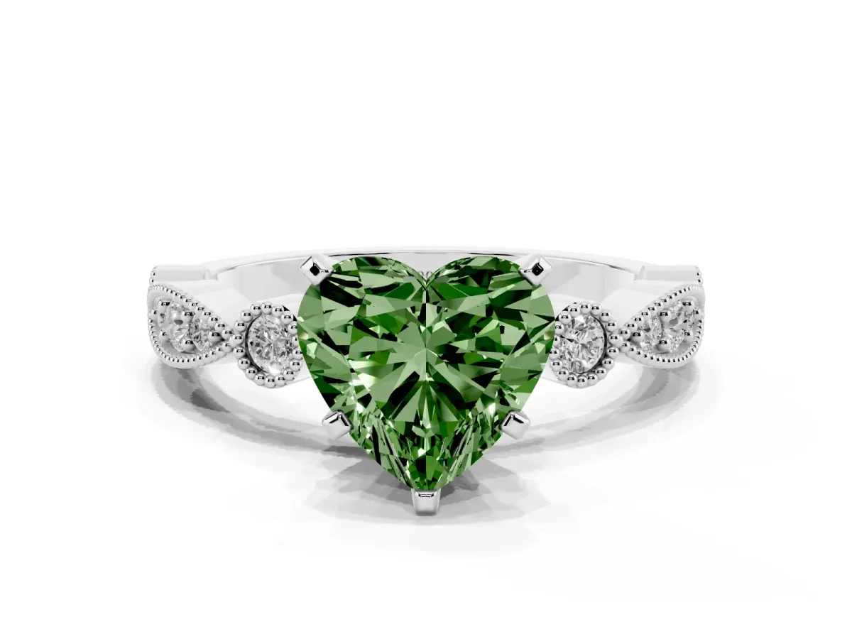 Fancy Green Heart Cut Milgrain Bezel Diamond Engagement Ring with Solitaire Prong Setting Silver