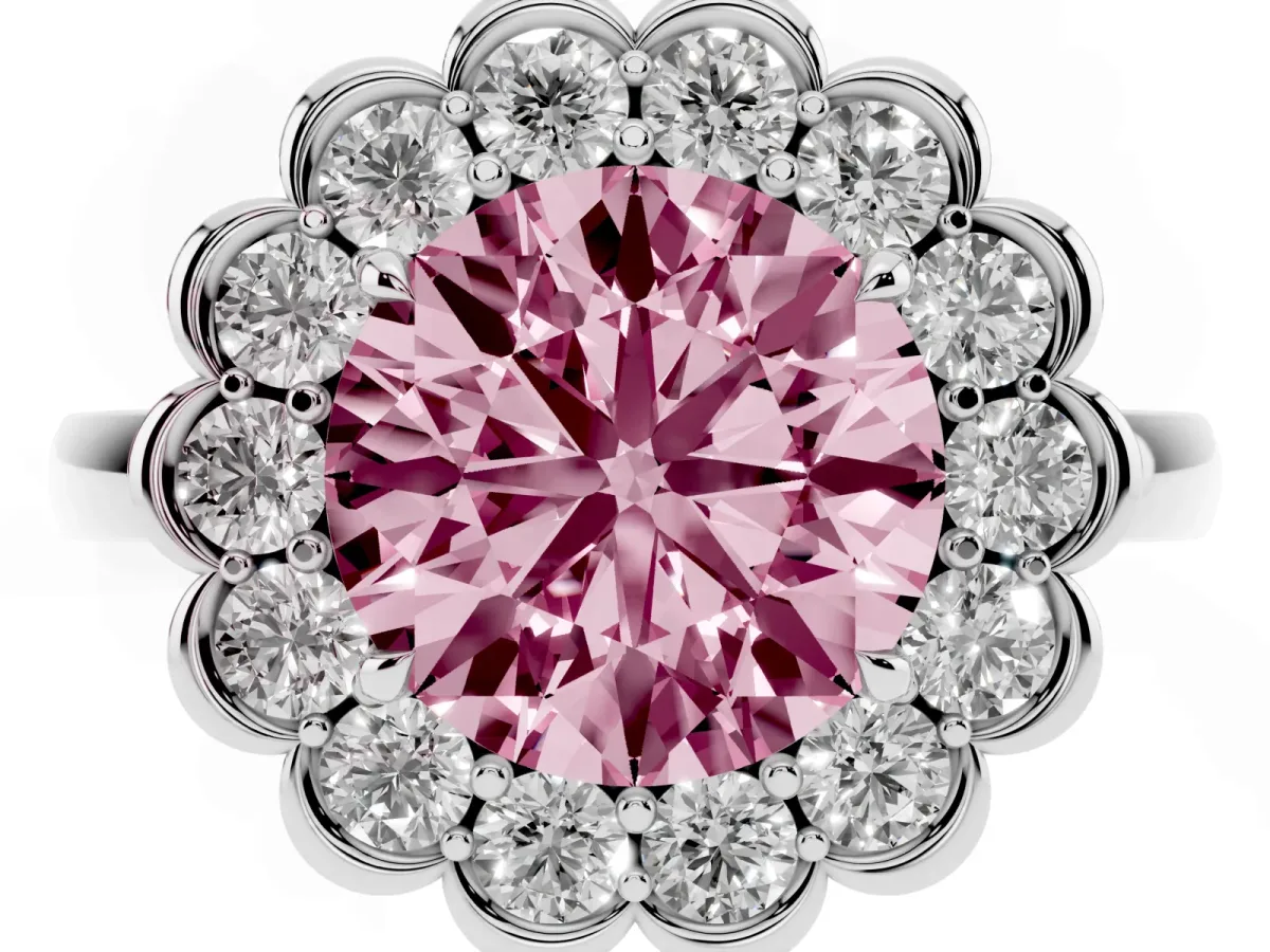 Fancy Pink Round Cut Halo Cluster Diamond Engagement Ring with Solitaire Band and Prong Setting Platinum