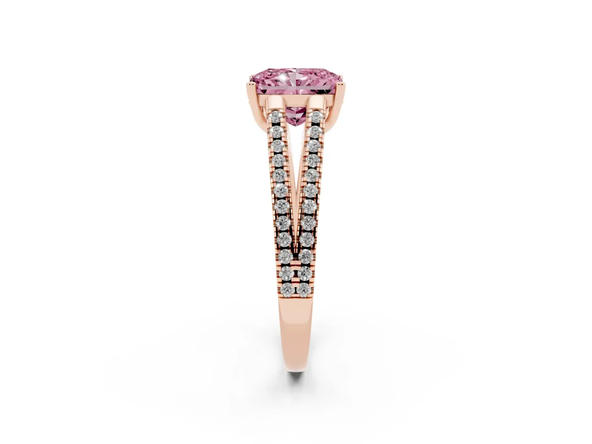 Fancy Pink Radiant Cut Diamond Solitaire Engagement Ring with Split Shank Pavé Band Rose gold