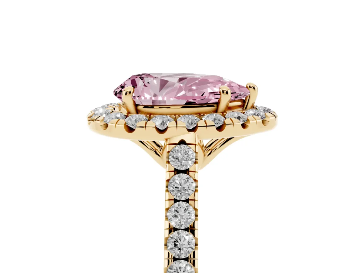 Fancy Pink Pear Cut Halo Pavé Diamond Engagement Ring with Four-Prong Setting Yellow gold