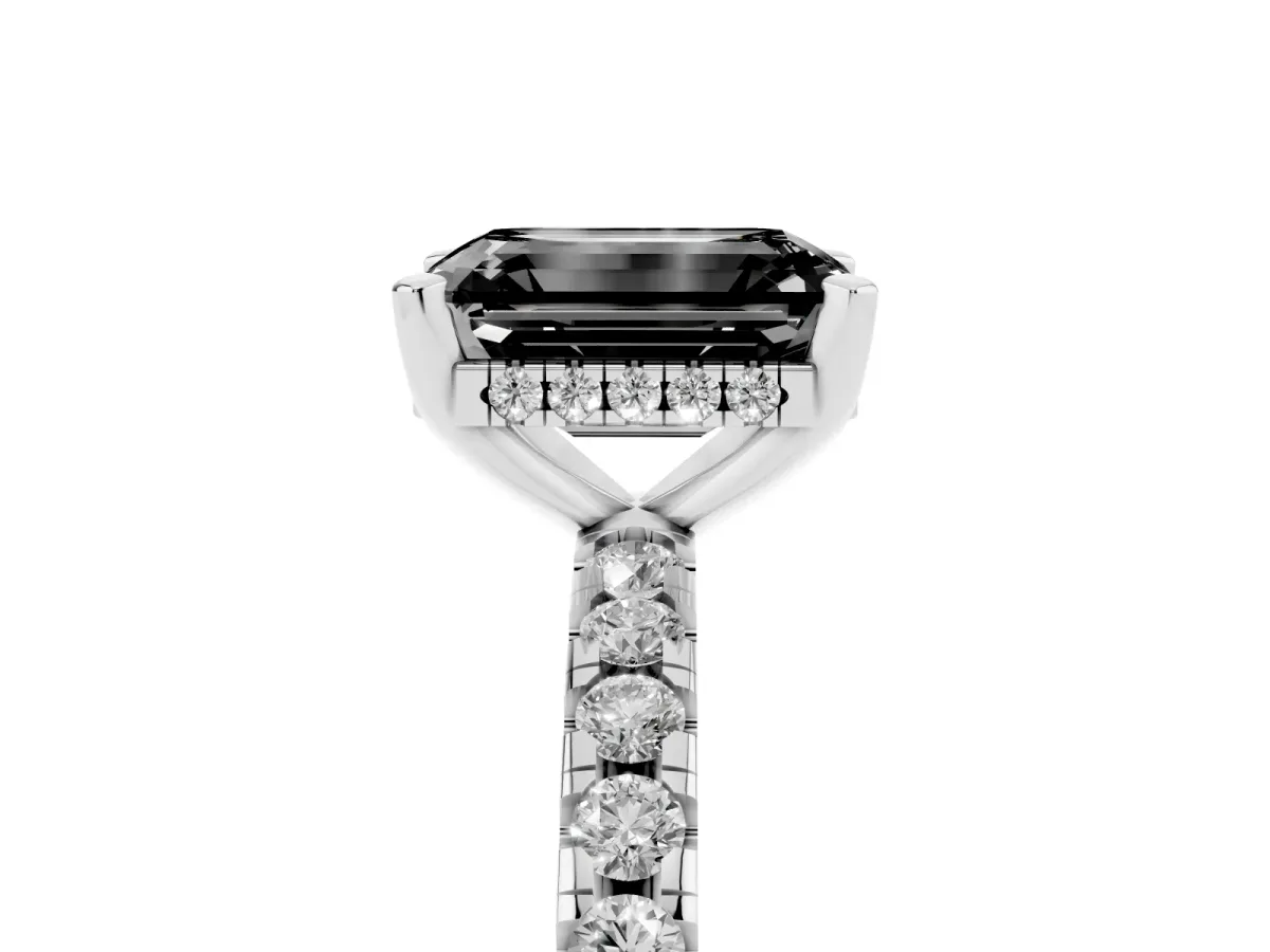 Fancy Black Emerald Cut Diamond Solitaire Ring with Round Pavé Band and Four-Prong Setting Silver