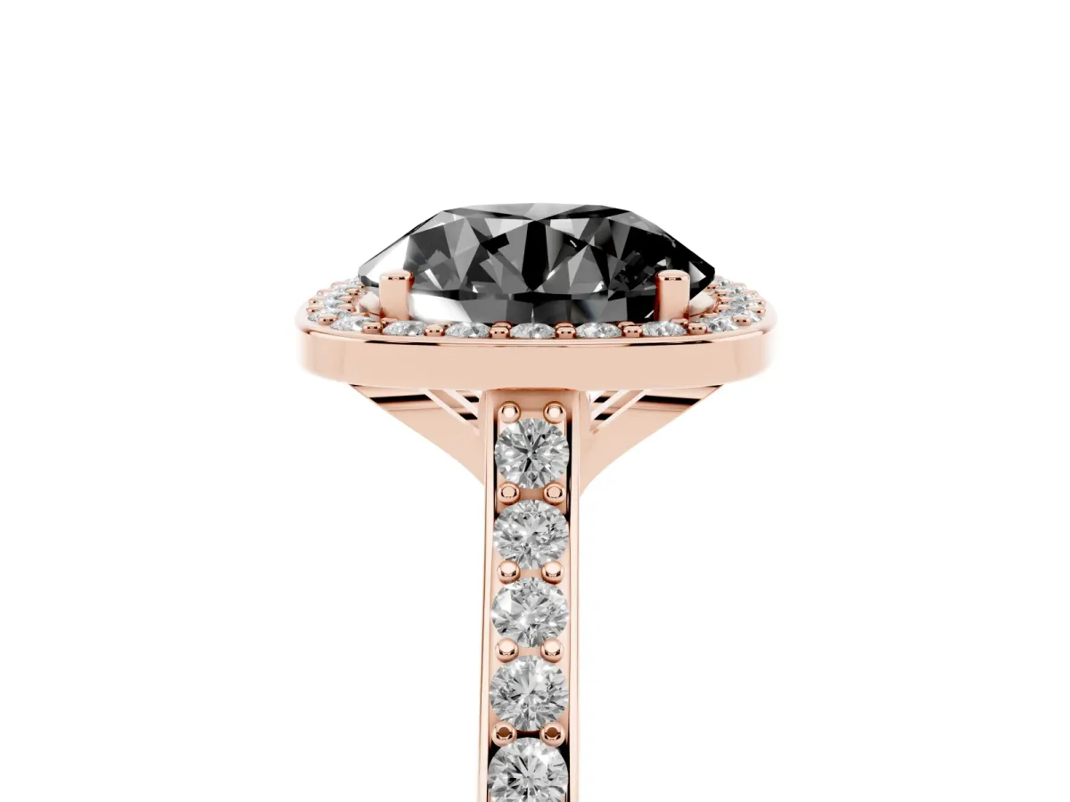 Fancy Black Round Cut Diamond Halo Engagement Ring with Round Pavé Shoulders and Prong Setting Rose gold