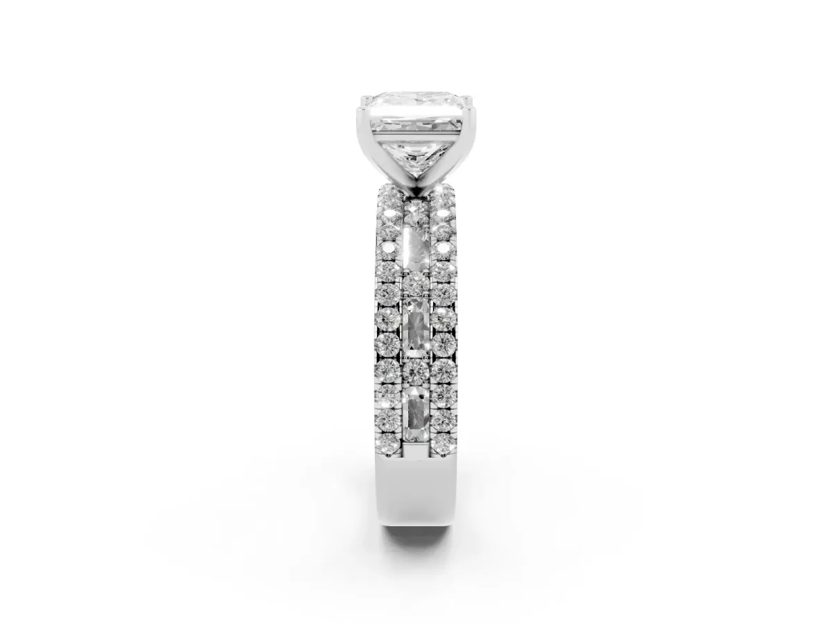 Princess Cut Diamond Solitaire Ring with Pavé and Channel Set Band Silver
