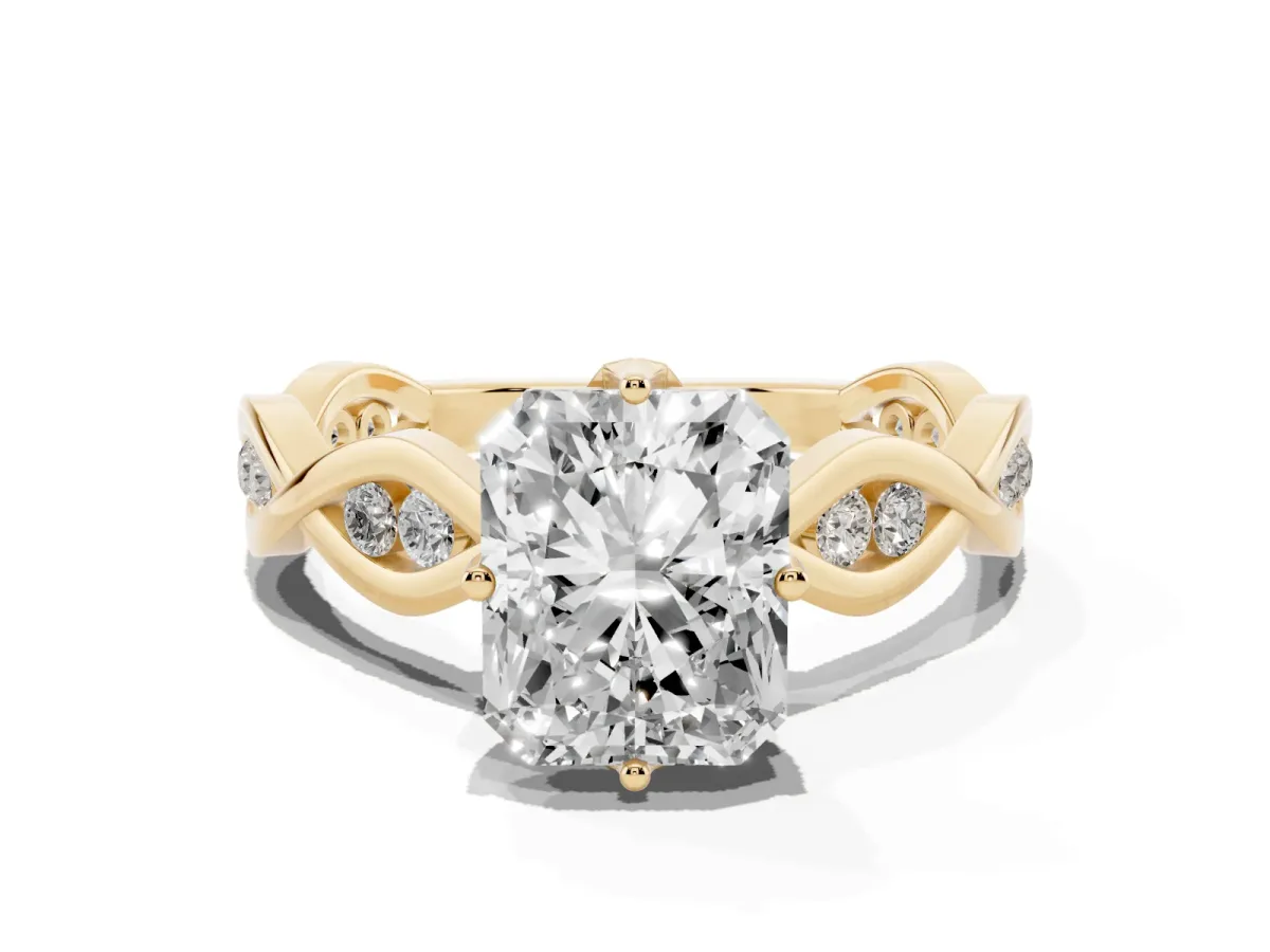 Radiant Cut Solitaire Twist Band with Leaf Prong Setting Yellow gold