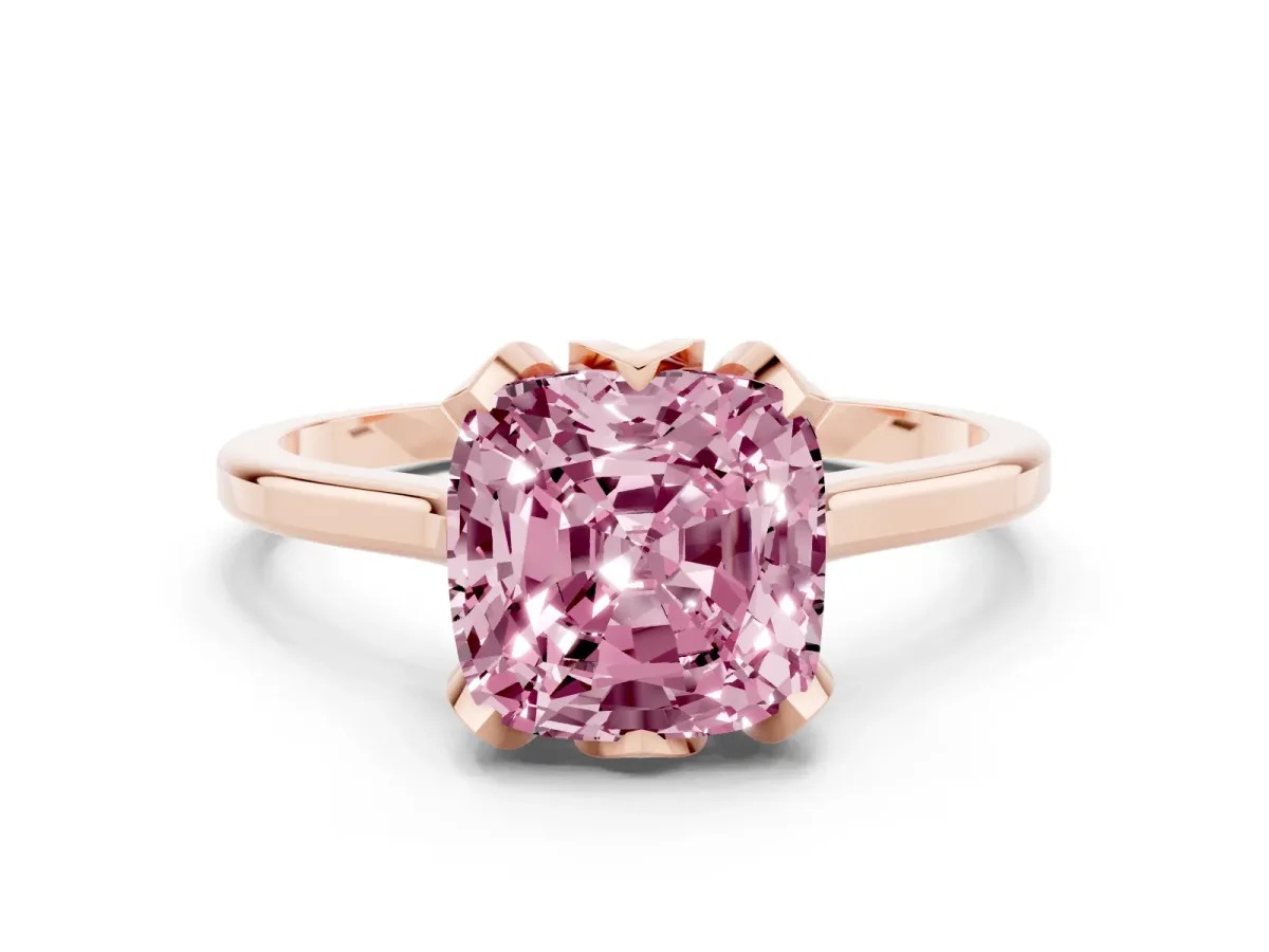 Fancy Pink Cushion Cut Diamond Solitaire Ring with Flower Prong Setting and Classic Band Rose gold