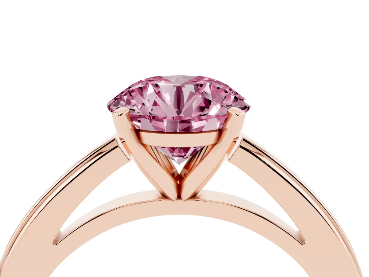 Fancy Pink Round Cut Solitaire Diamond Ring with Four-Prong Setting and Classic Band Rose gold