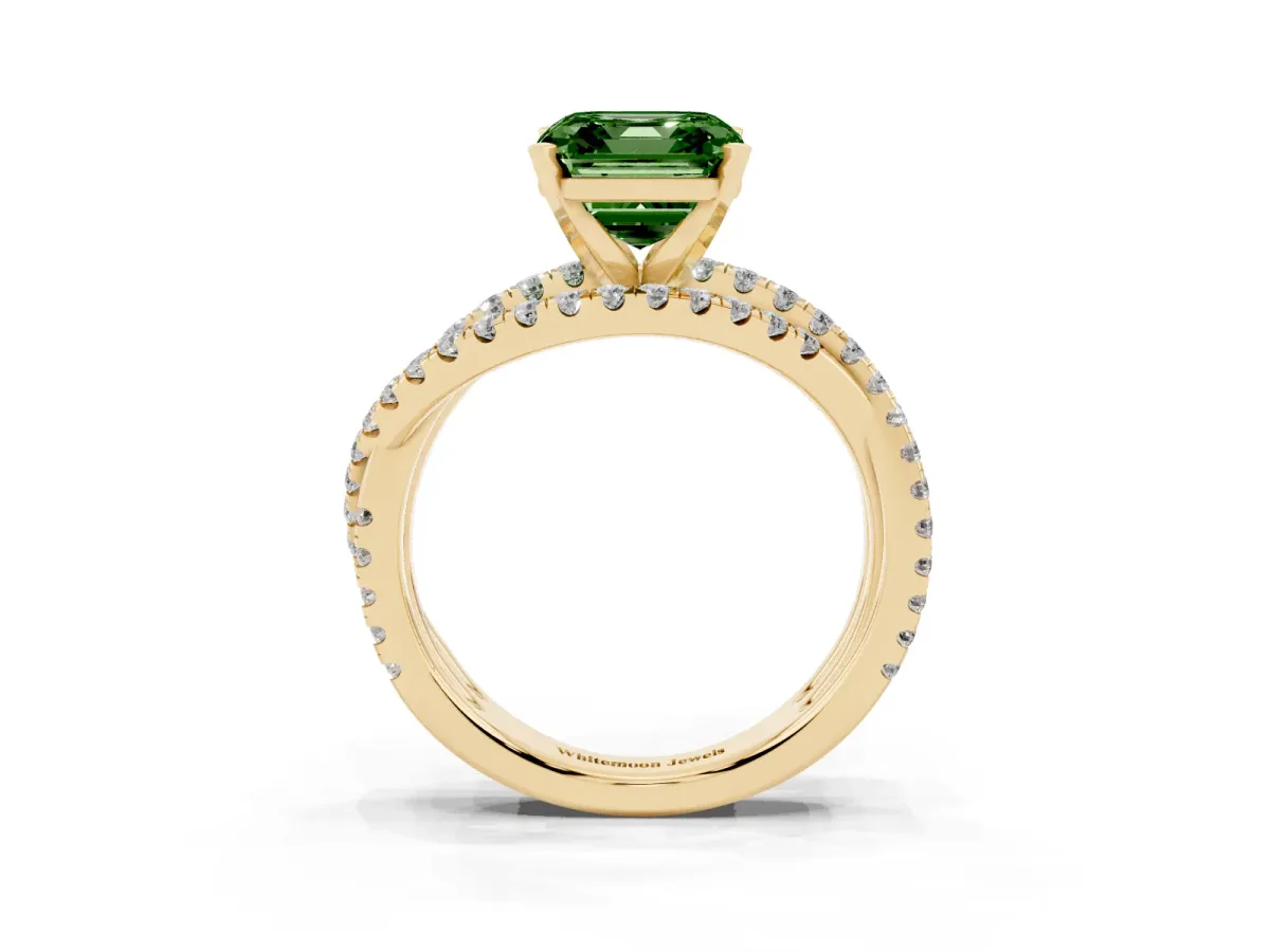 Fancy Green Asscher Cut Solitaire Twist Band with Pavé Setting and Four-Prong Setting Yellow gold