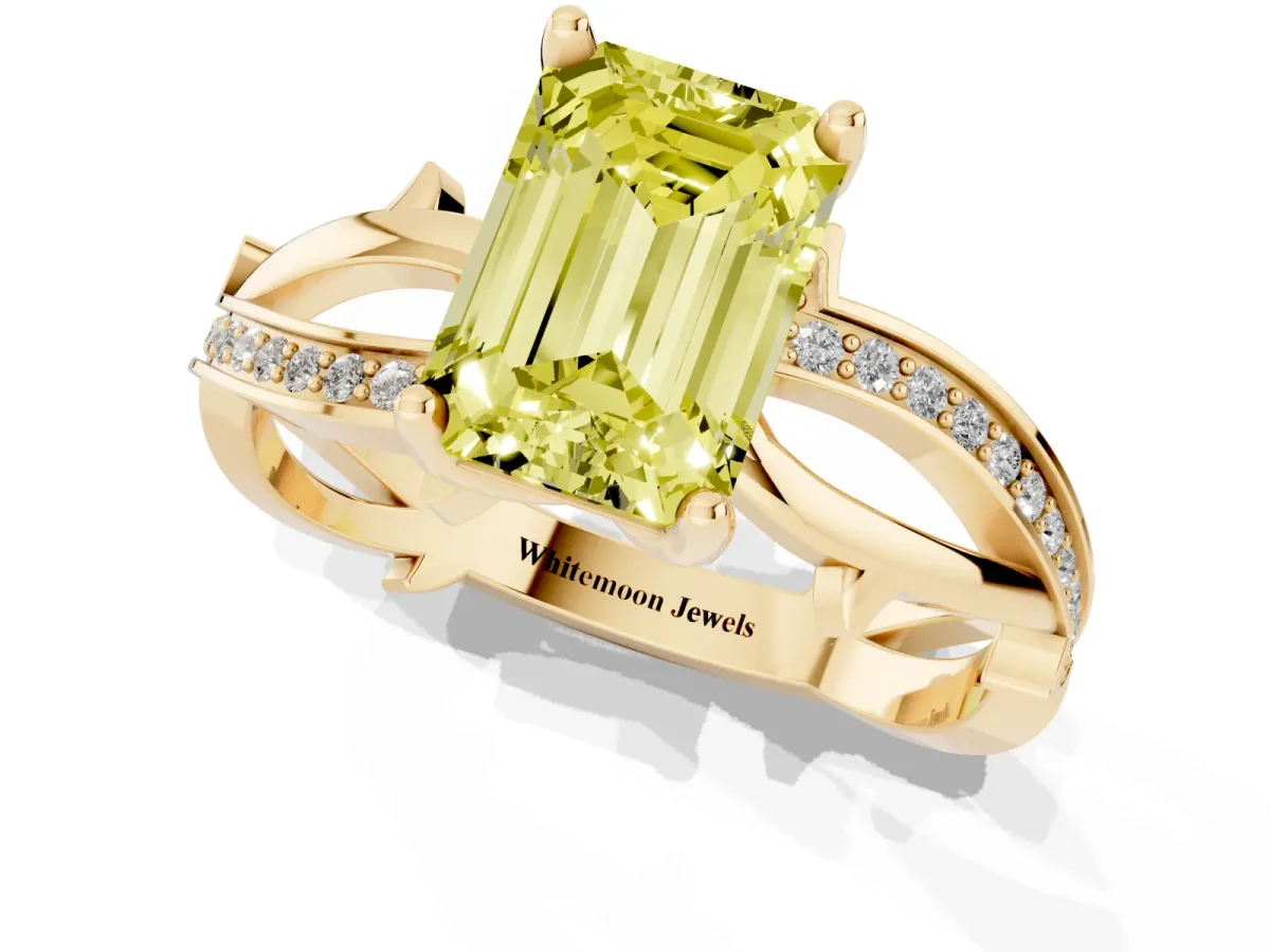 Fancy Yellow Emerald Cut Solitaire Twist Band with Pavé Accents and Four-Prong Setting Yellow gold