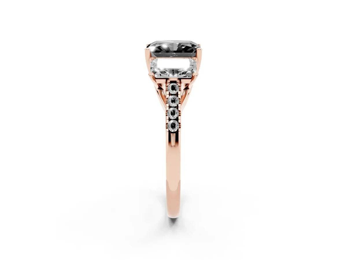 Fancy Black Three-Stone Radiant Cut Diamond Ring with Round Pavé Band and Prong Setting Rose gold