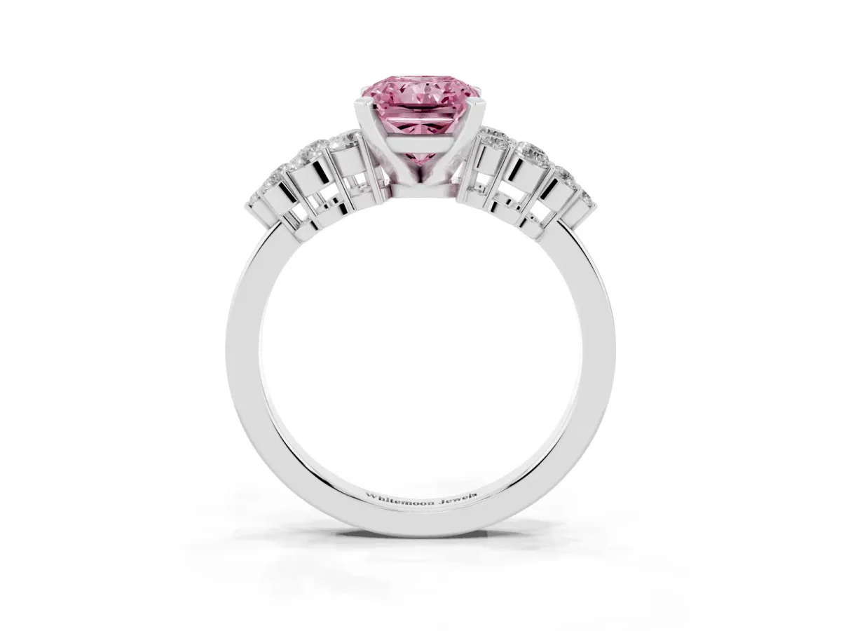 Fancy Pink Radiant Cut Cluster Diamond Engagement Ring with Pavé Band and Four-Prong Setting Silver
