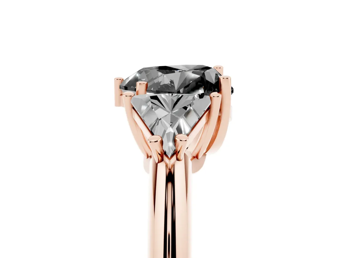 Fancy Black Three-Stone Heart Cut Diamond Engagement Ring with Trillion Side Stones and Prong Setting Rose gold