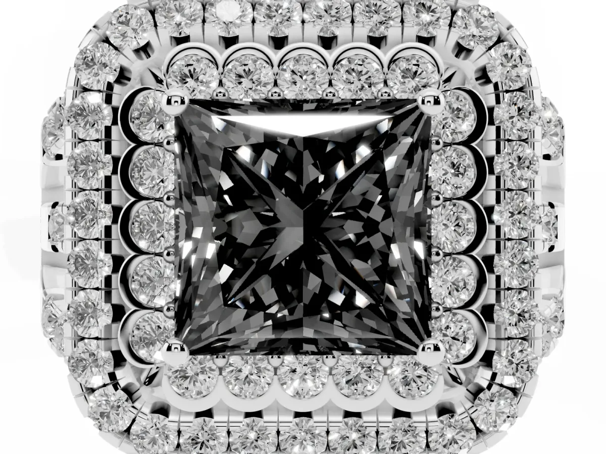 Fancy Black Princess Cut Diamond Double Halo Ring with Round Pavé Split Shank and Prong Setting Silver