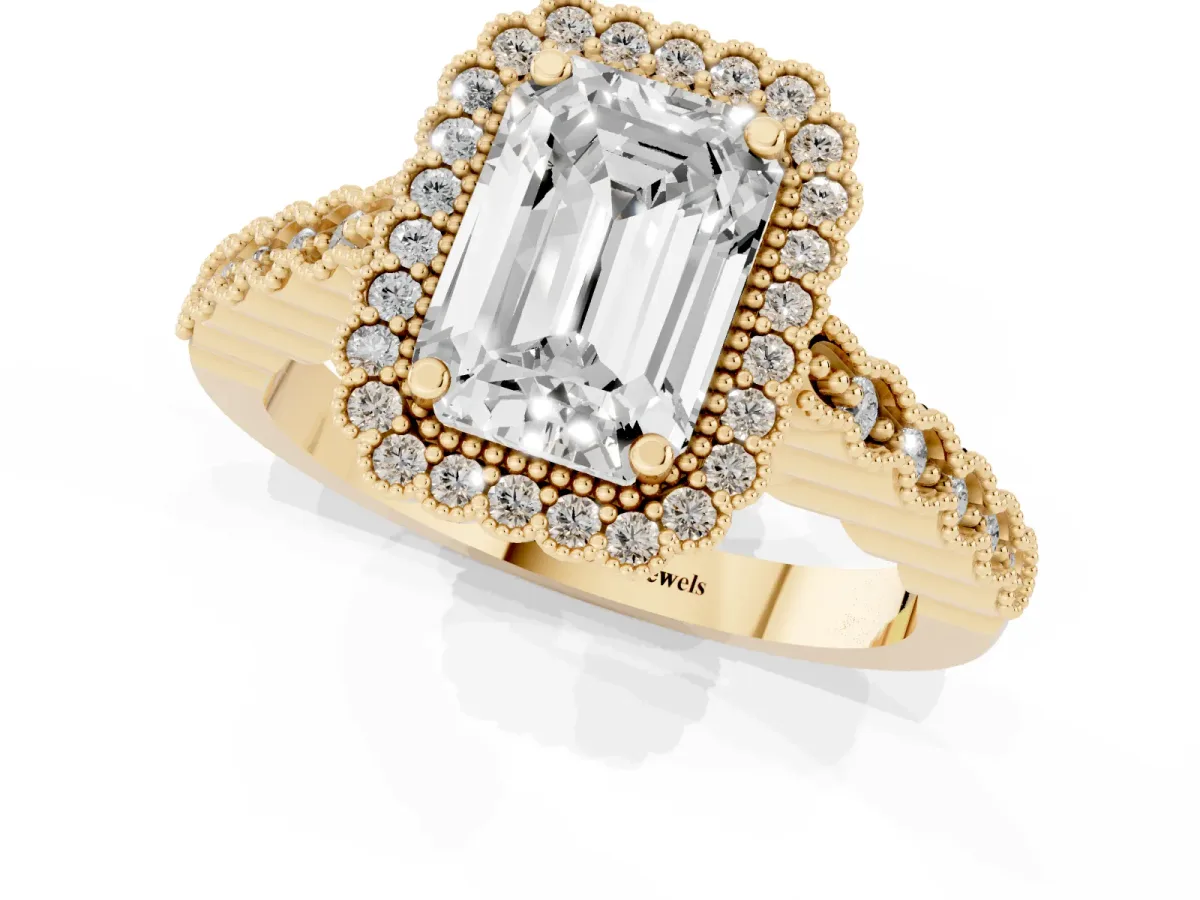 Emerald Cut Cut Halo Pavé Solitaire Ring with Milgrain Band Yellow gold