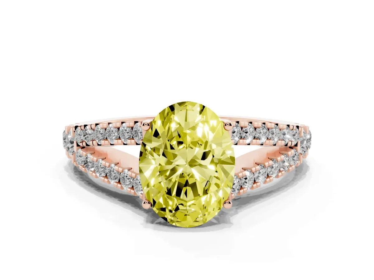 Fancy Yellow Oval Cut Diamond Split Shank Engagement Ring with Round Pavé and Prong Setting Rose gold