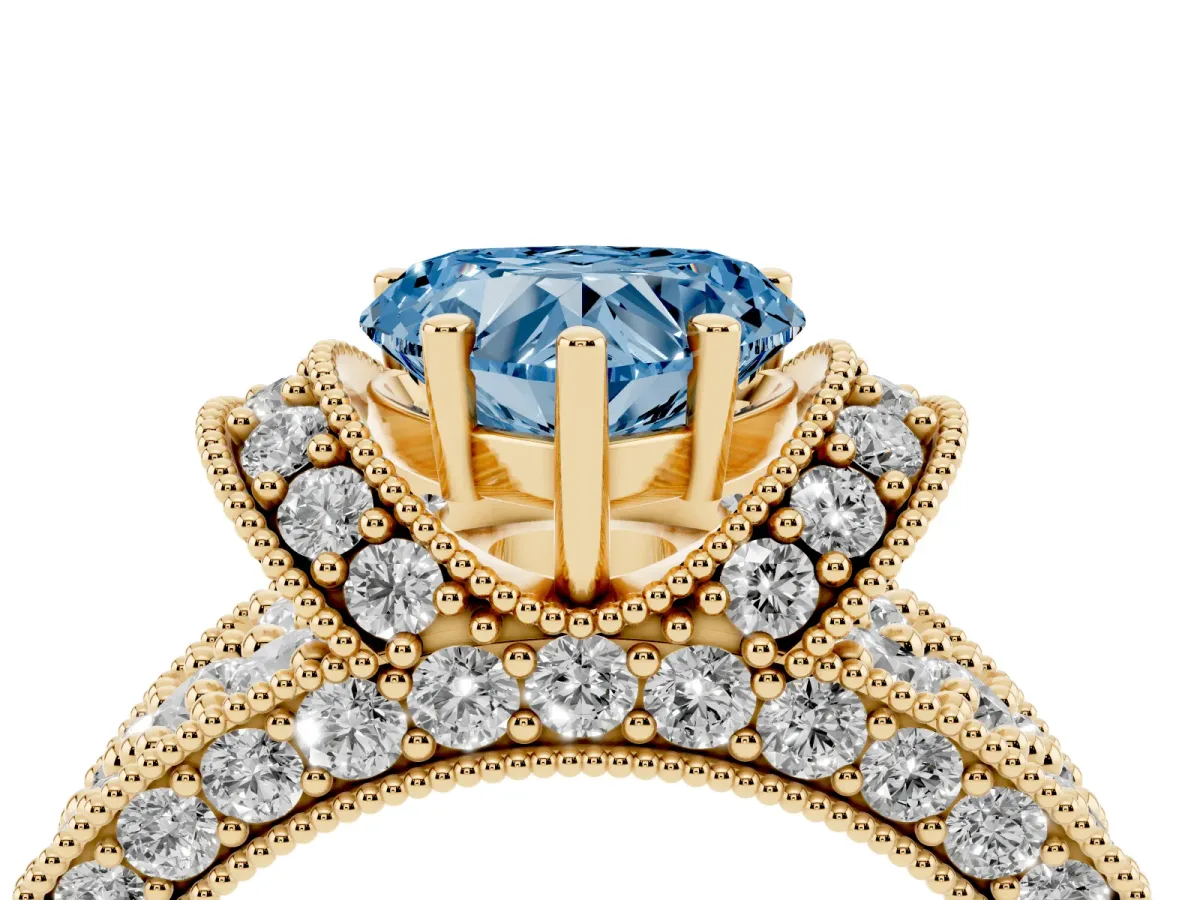 Fancy Blue Heart Cut Halo Pave Diamond Engagement Ring with Milgrain Detailing Yellow gold