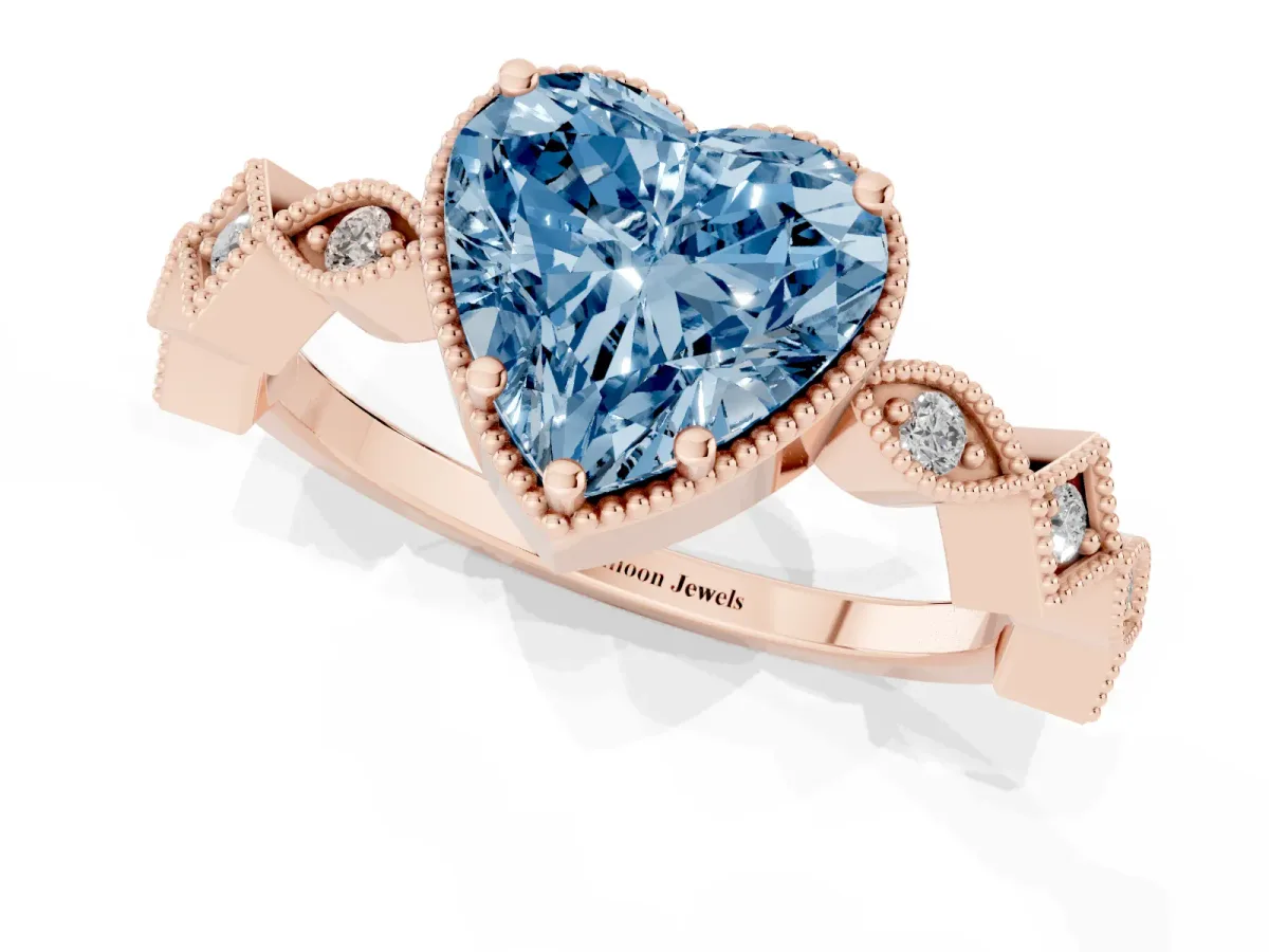 Fancy Blue Heart Cut Milgrain Marquise Diamond Twist Band Ring Rose gold