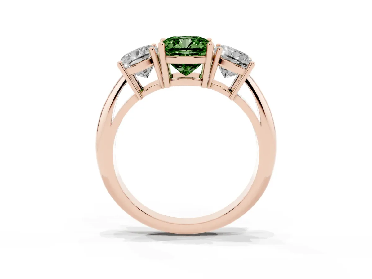 Fancy Green Three-Stone Cushion Cut Cut Diamond Engagement Ring with Prong Setting on a White Gold Band Rose gold