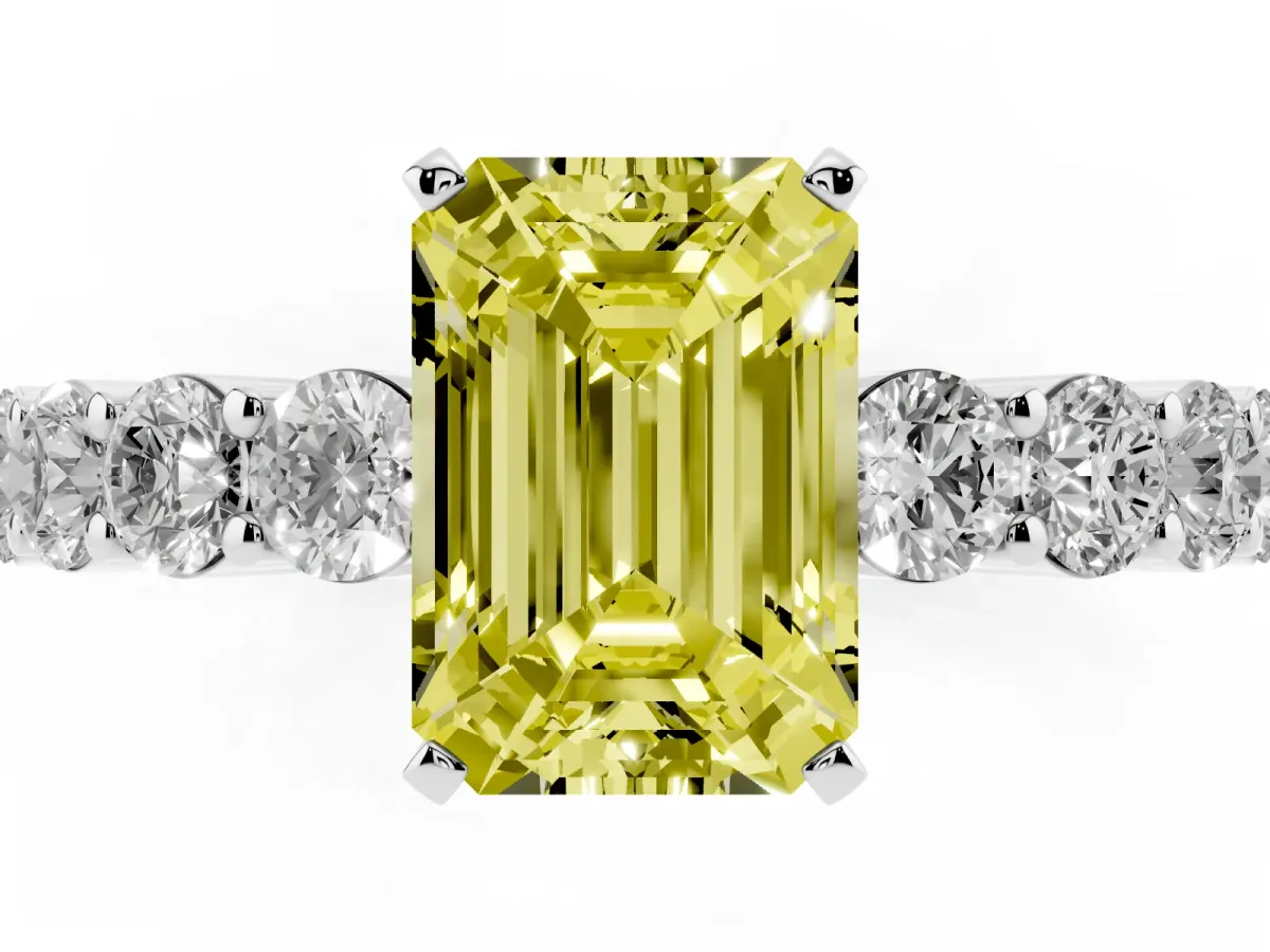 Fancy Yellow Emerald Cut Diamond Solitaire Ring with Shared Prong Round Side Stones Platinum
