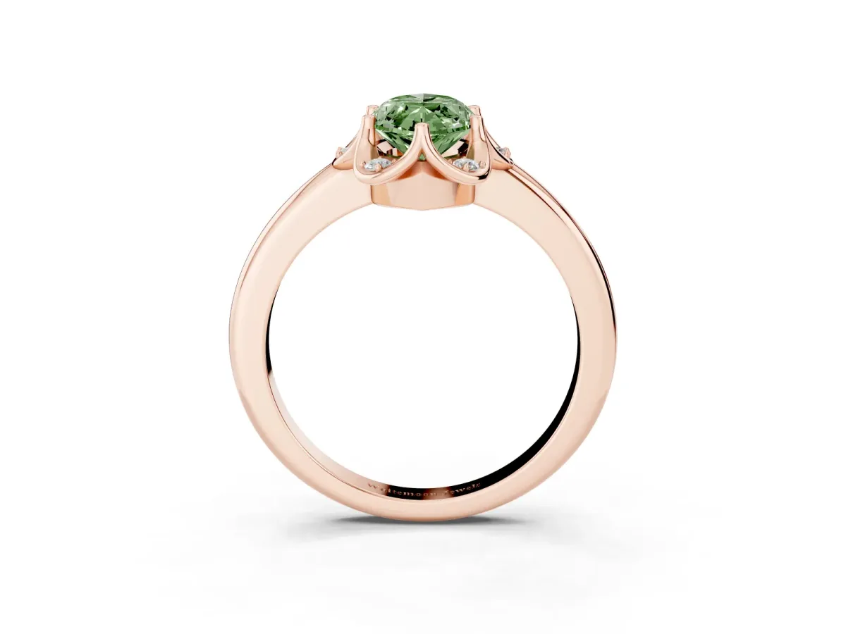 Fancy Green Marquise Cut Halo Diamond Ring with Round Cluster Setting, Solitaire Band, and Four-Prong Setting Rose gold