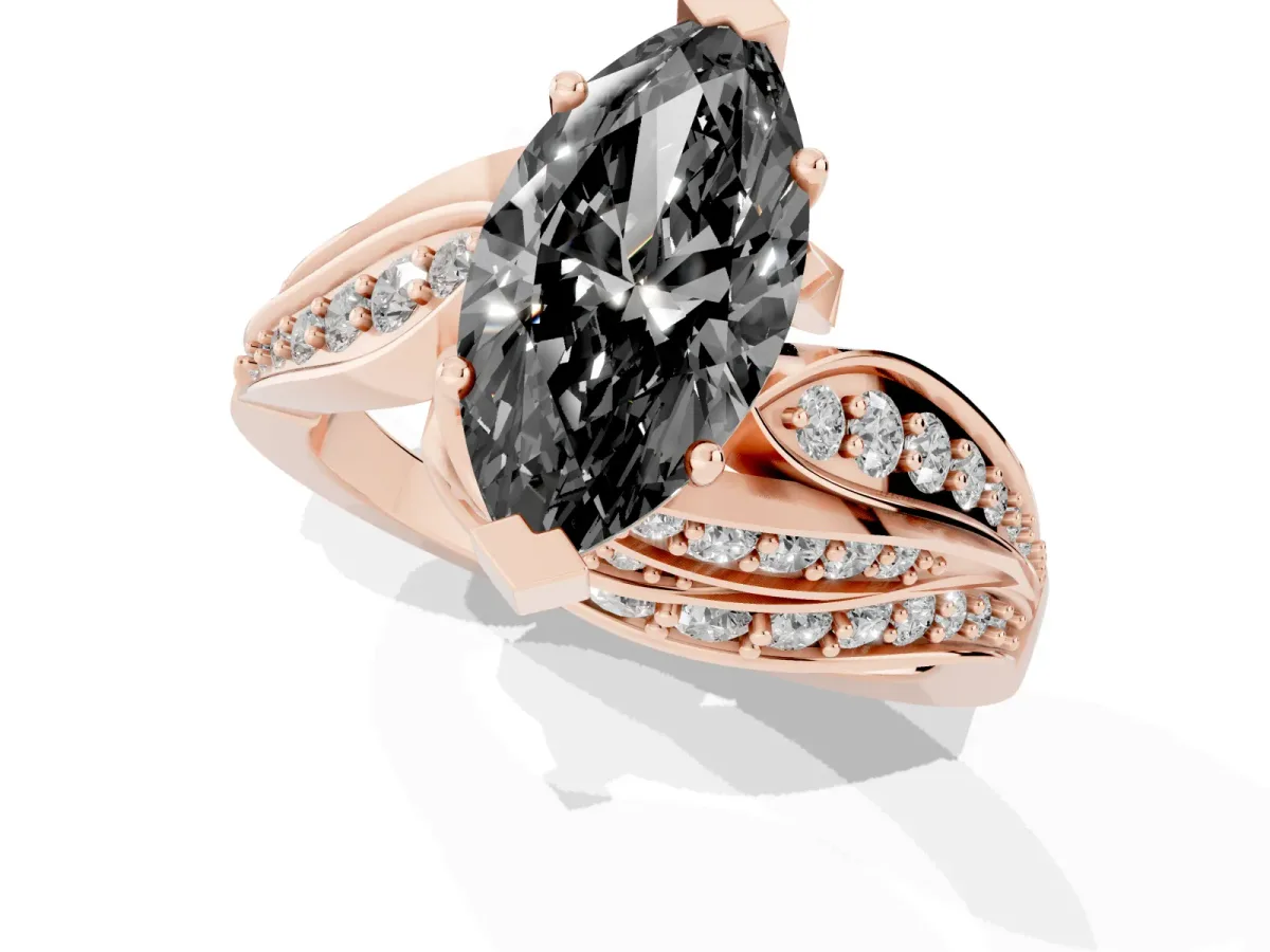 Fancy Black Marquise Cut Diamond Solitaire Ring with Prong Setting and Twisted Pavé Band Rose gold