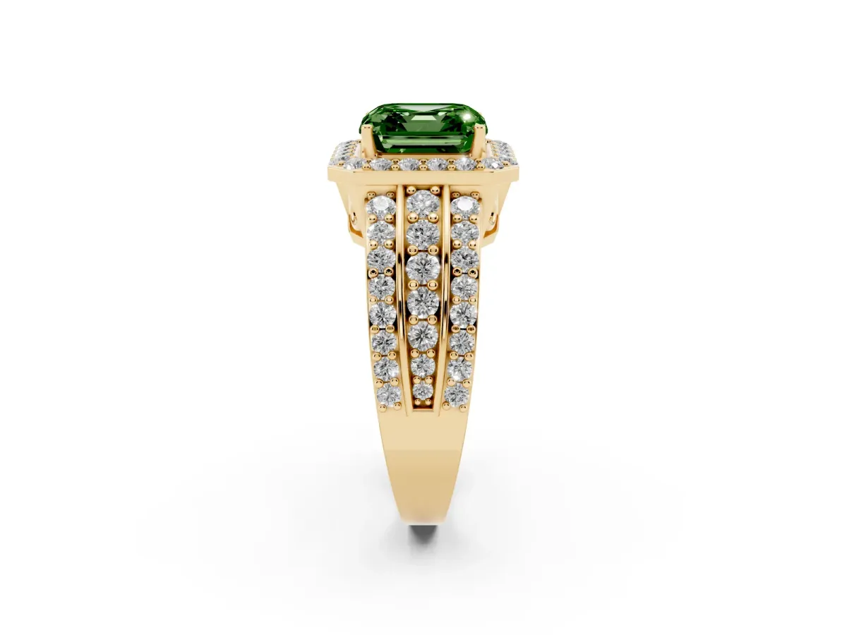 Fancy Green Asscher Cut Halo Diamond Ring with Round Split Shank and Prong Setting Yellow gold