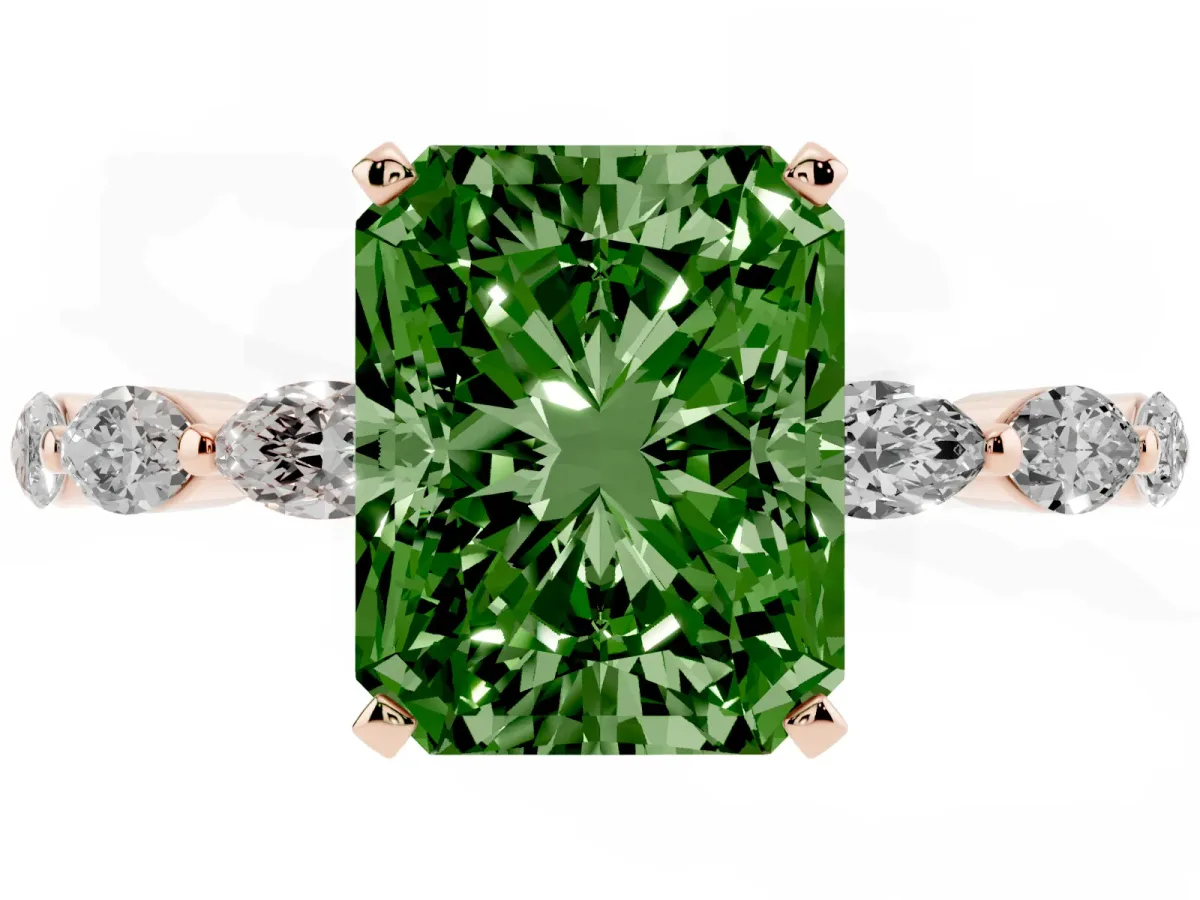 Fancy Green Radiant Cut Diamond Ring with Marquise Side Stones and Prong Setting Rose gold