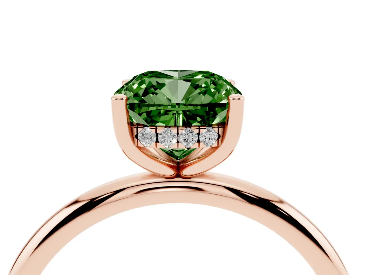 Fancy Green Cushion Cut Cut Solitaire Engagement Ring with Four-Prong Setting and Classic Band Rose gold