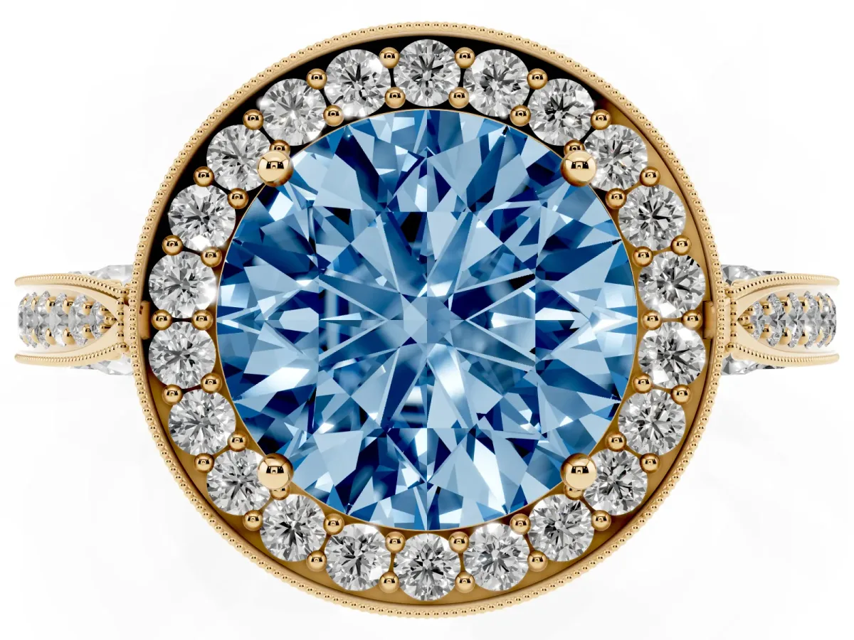 Fancy Blue Round Cut Halo Diamond Engagement Ring with Split Shank Band and Four-Prong Setting Yellow gold