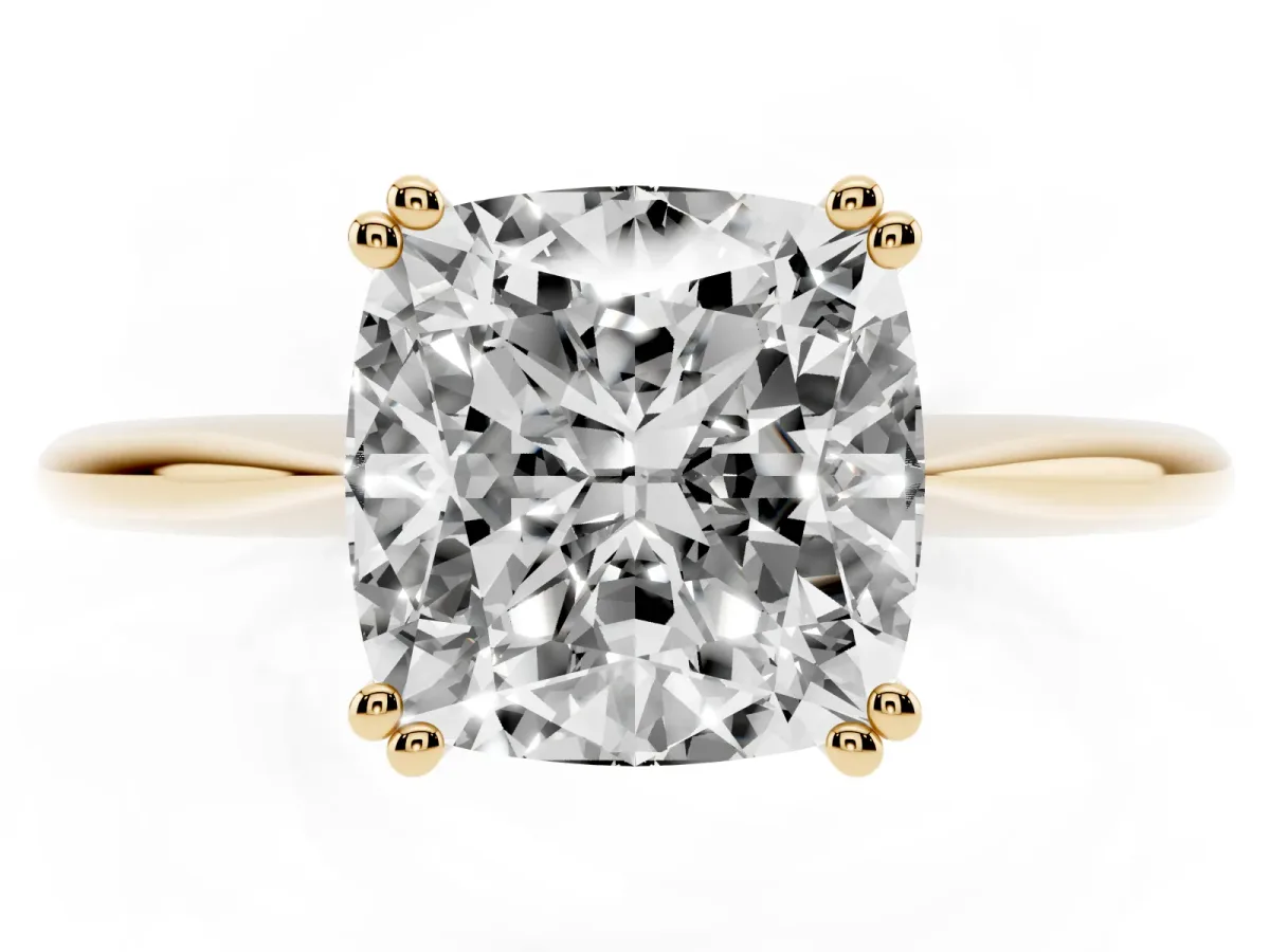 Cushion Cut Solitaire Diamond Ring with Six-Prong Setting and Classic Band Yellow gold